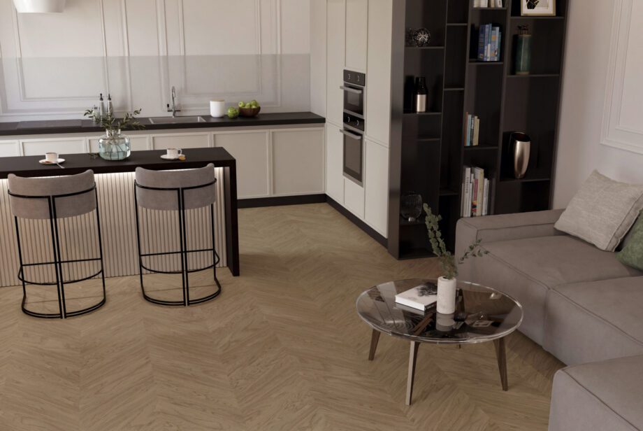 Chevron Parkett Eiche Esta Nova Eco Elite Sandstone extramatt lackiert – im Wohnraum Chevron Parkett Eiche Esta Nova Eco Elite Sandstone extramatt lackiert – 3