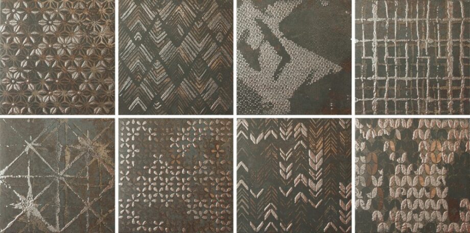 Bodenfliese aus Feinsteinzeug in Metalloptik mit Ethno-Muster Dune Diurne Oxide Ethnic, 20x20 cm, 9 mm, Rostbraun