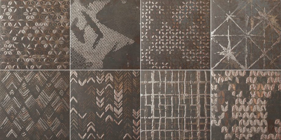 Bodenfliese aus Feinsteinzeug in Metalloptik mit Ethno-Muster Dune Diurne Oxide Ethnic, 20x20 cm, 9 mm, Rostbraun – 2