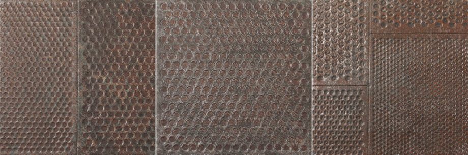 187773-2 Perforeeritud metallpaneeli efektiga portselanplaat Dune Diurne Oxide Plate, 20x20 cm, 9 mm, roostepruun