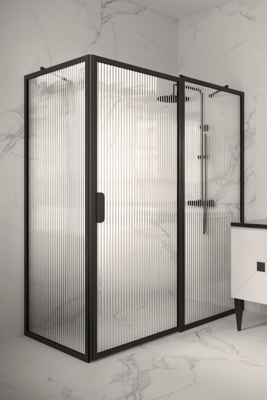Duschecke Hietakari Bläk 756 New York, schwarzer Rahmen, Riffelglas (Reeded)