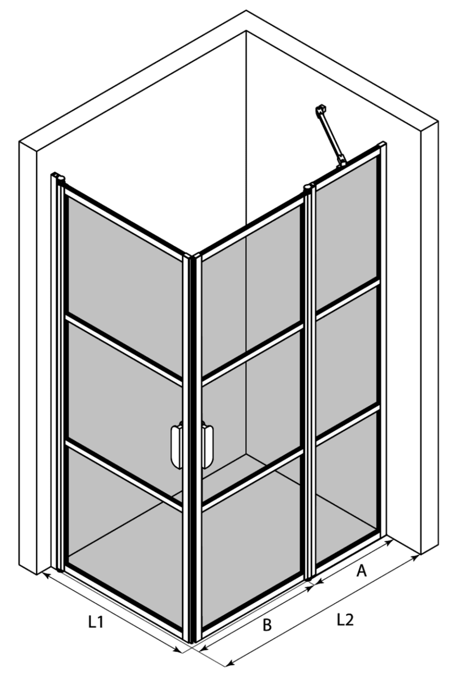 Duschecke Hietakari Bläk 763 Tokyo – 3D-Zeichnung Duschecke Hietakari Bläk 763 Tokyo, Drehtür + Drehtür mit Festteil – 3