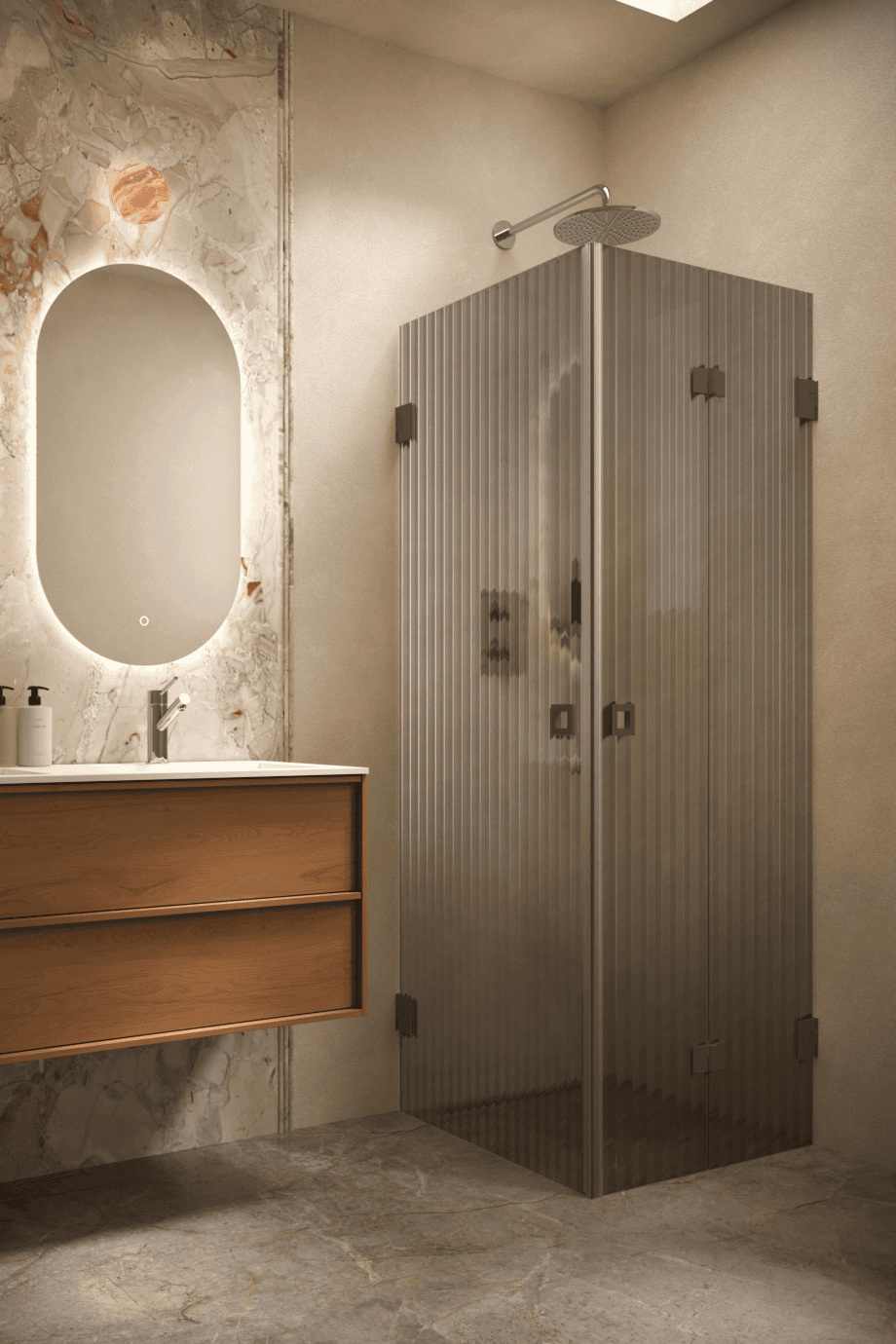 Duschecke Hietakari Vetro 544, Beschläge Cocoa, graues Riffelglas (Reeded)