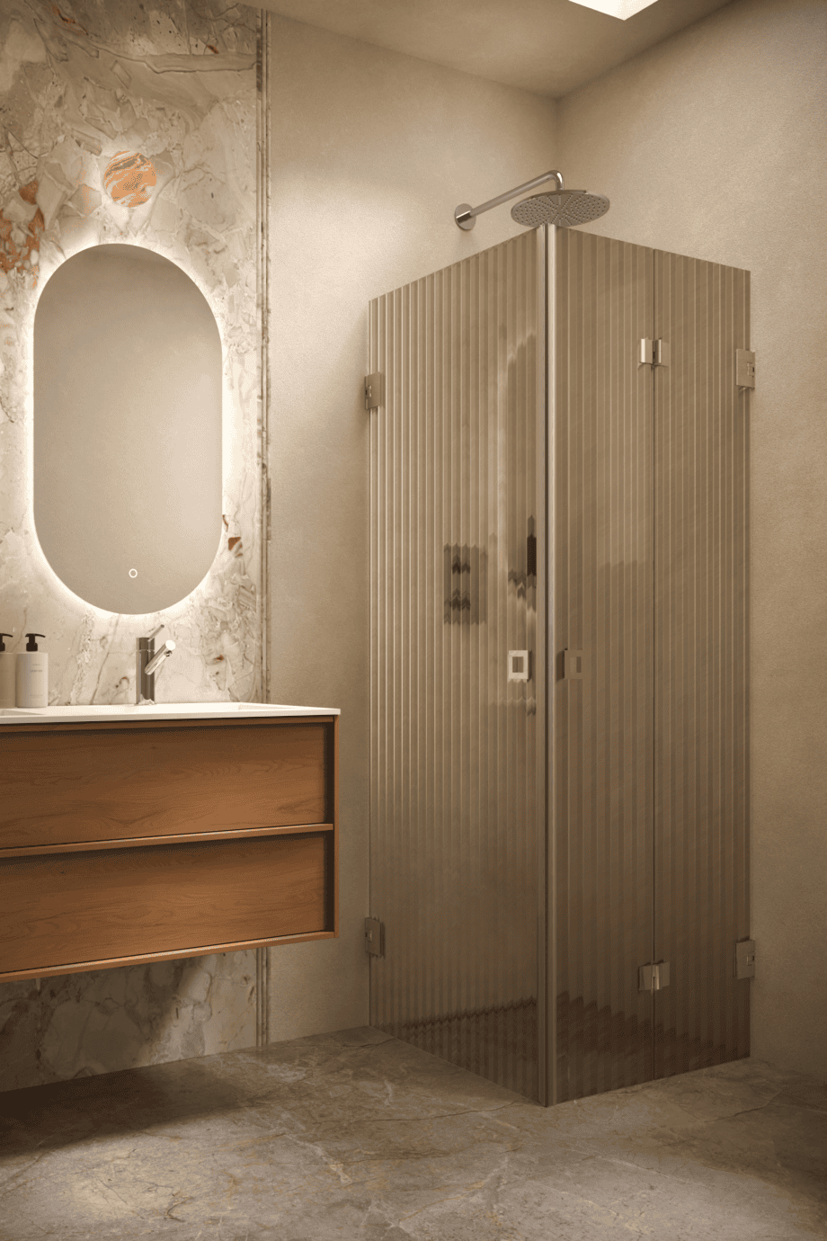 Duschecke Hietakari Vetro 544, Messingbeschläge, braunes Riffelglas (Reeded)