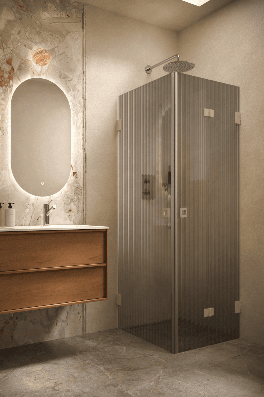 Duschecke Hietakari Vetro 544, Beschläge Sand, graues Riffelglas (Reeded)