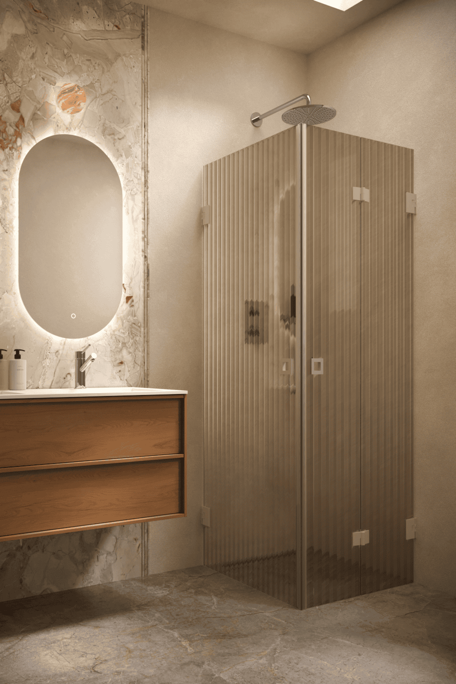 Duschecke Hietakari Vetro 544, Beschläge Sand, braunes Riffelglas (Reeded)