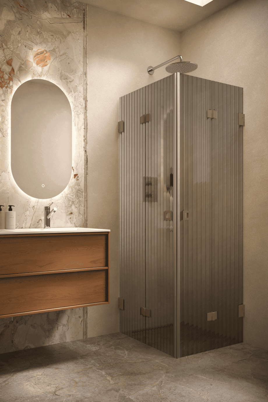 Duschecke Hietakari Vetro 546, Beschläge Mocha, graues Riffelglas (Reeded) Duschecke Hietakari Vetro 546, Beschläge Mocha, graues Riffelglas (Reeded)