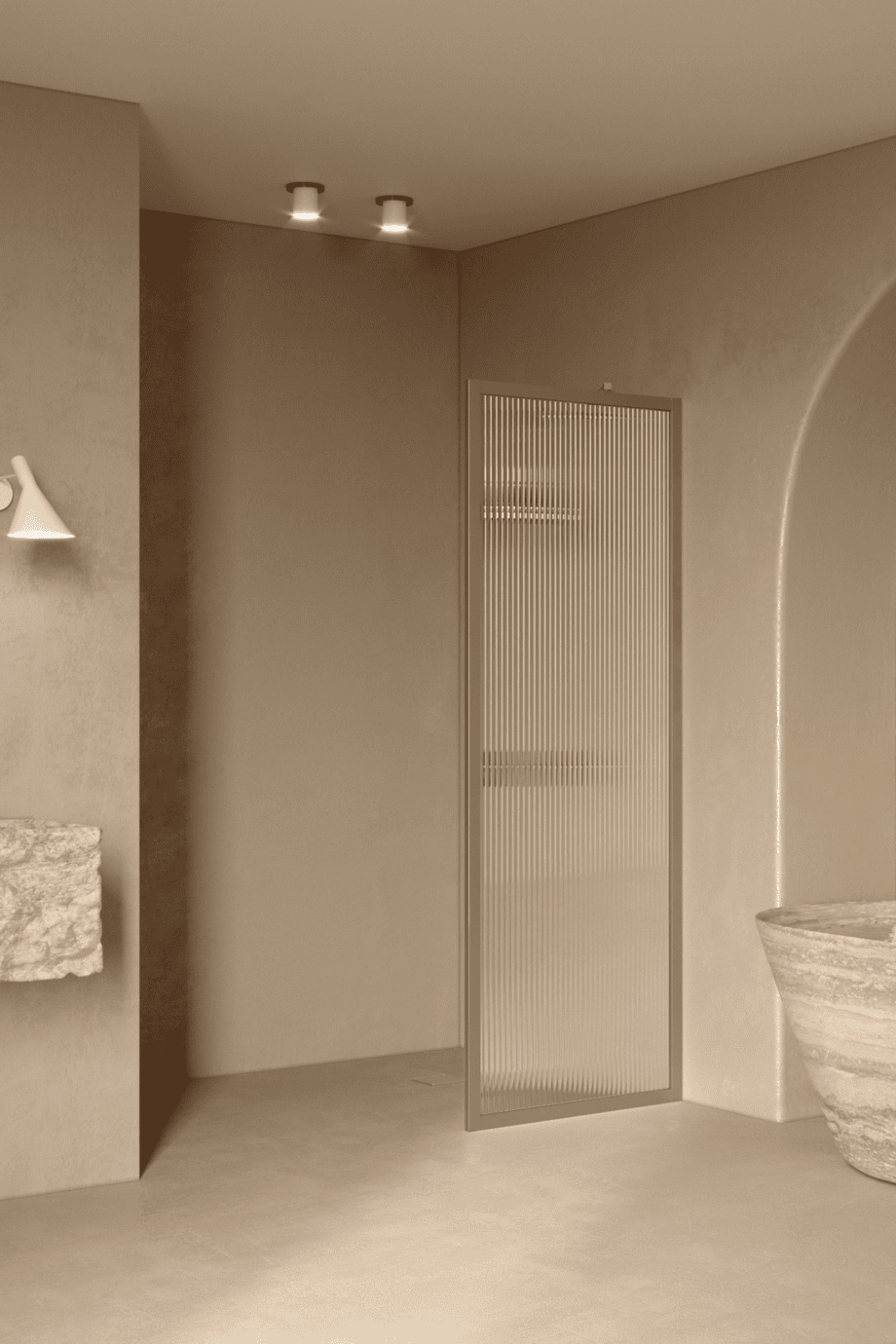 Feste Duschwand Hietakari Bläk 731 New York, Rahmen Sand, Riffelglas (Reeded) Feste Duschwand Hietakari Bläk 731 New York, Rahmen Sand, Riffelglas (Reeded)