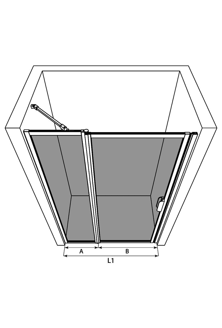 Dusch-Drehtür mit Festteil und Wandmagnet Hietakari Bläk 789 New York – 3D-Zeichnung Dusch-Drehtür mit Festteil und Wandmagnet Hietakari Bläk 789 New York – 3D-Zeichnung