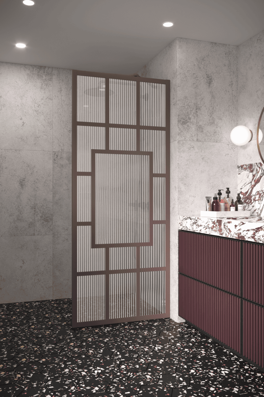 Feste Duschwand Hietakari Bläk 800 Shanghai, Rahmen Mocha, Riffelglas (Reeded)
