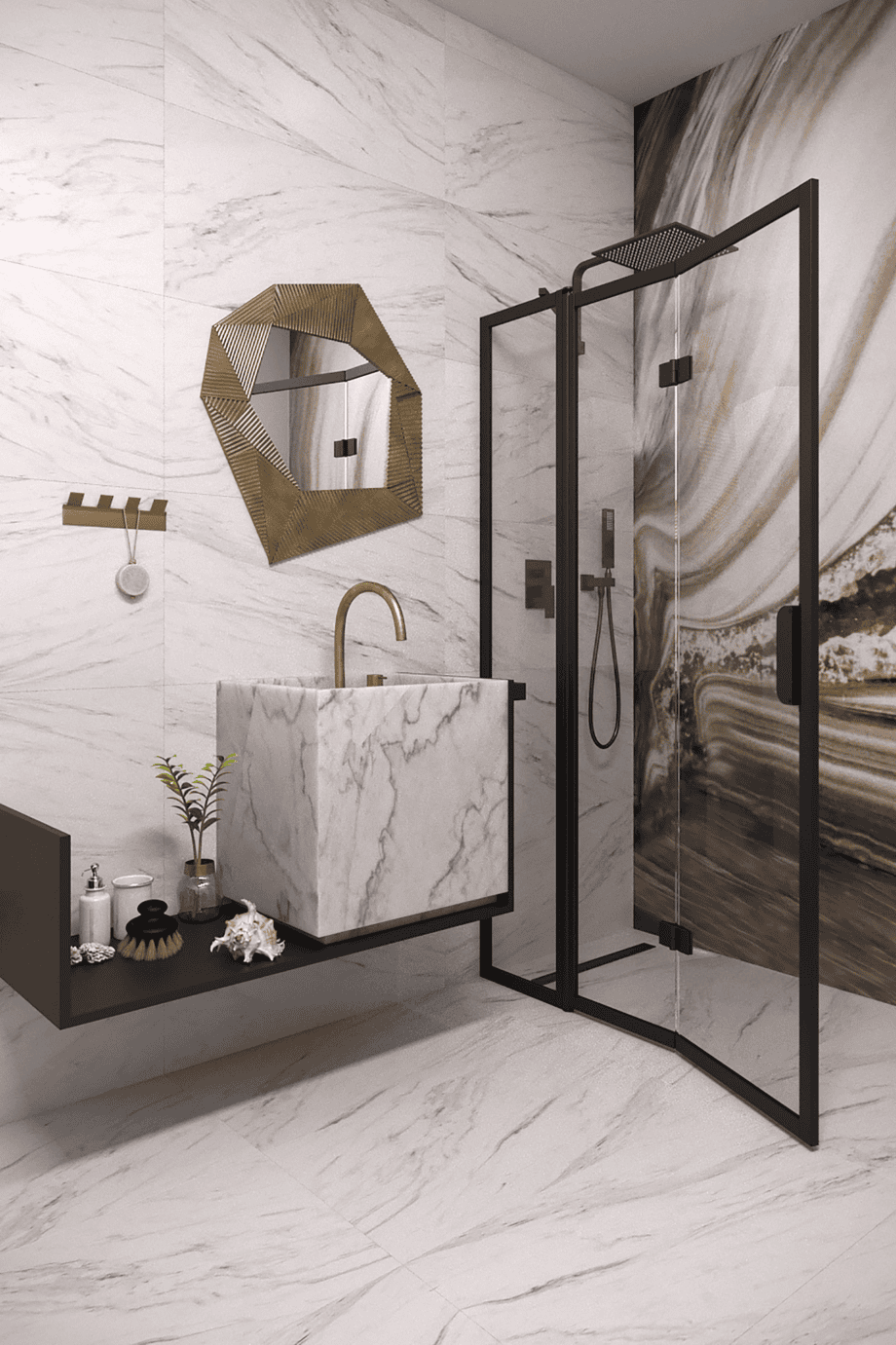 Faltbare Duschwand mit Festteil Hietakari Bläk 884 New York, Rahmen Mocha, satiniertes Glas Faltbare Duschwand mit Festteil Hietakari Bläk 884 New York, Rahmen Mocha, satiniertes Glas