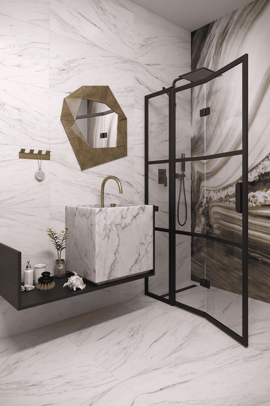 Duschwand mit Drehtür und Festteil Hietakari Bläk 885 Tokyo, Rahmen Cocoa, Grauglas