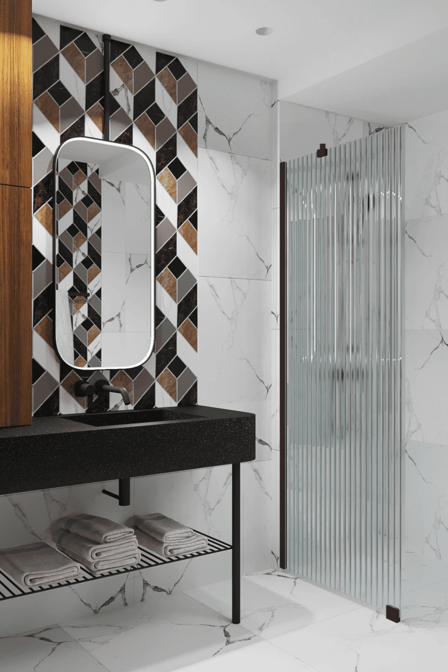 Feste Duschwand Hietakari Forma 301, Rahmen Cocoa, Riffelglas (Reeded)