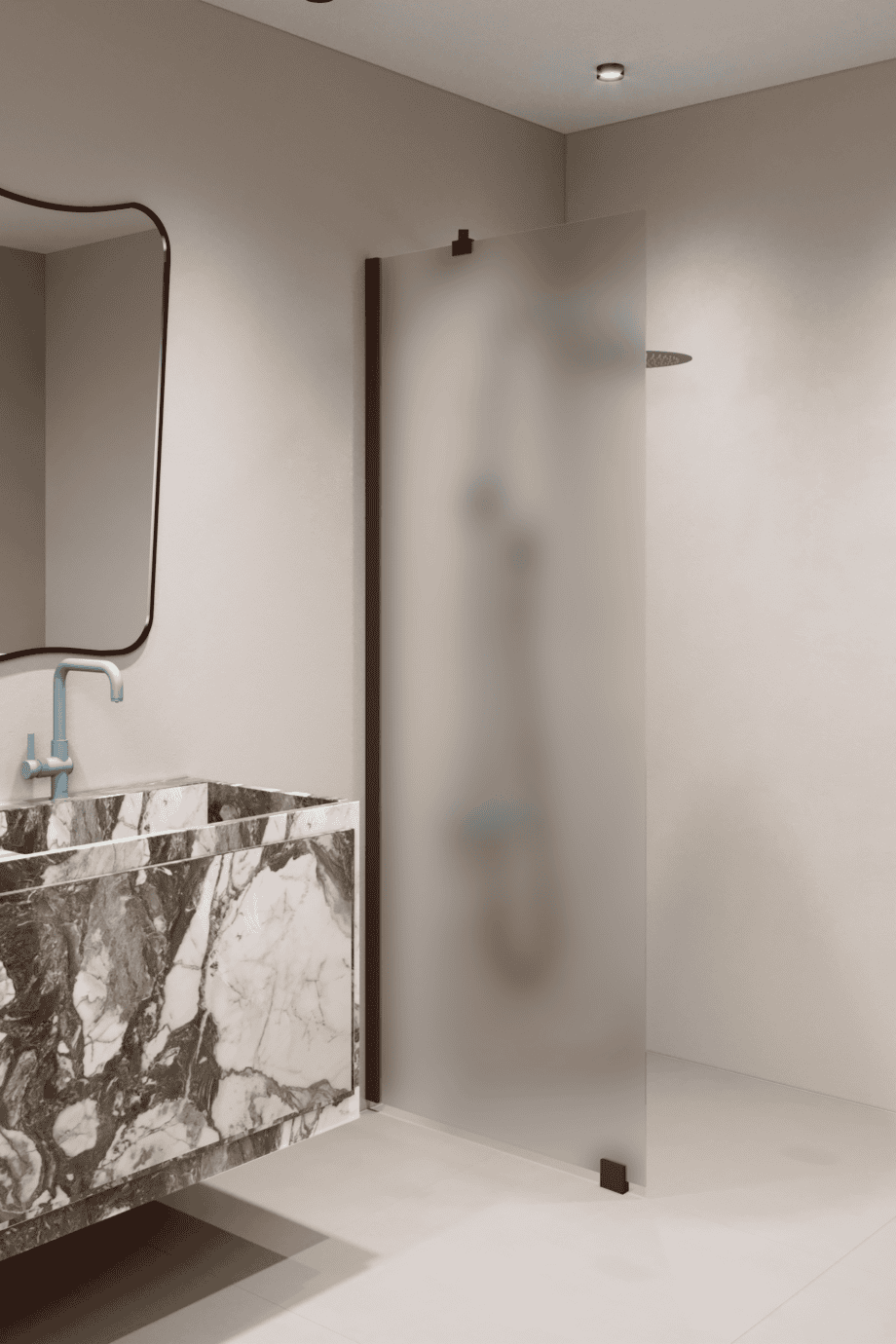 Feste Duschwand Hietakari Forma 301, Rahmen Cocoa, satiniertes Glas