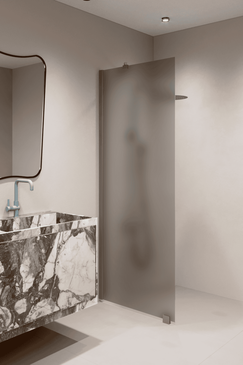 Feste Duschwand Hietakari Forma 301, Rahmen Mocha, graues satiniertes Glas