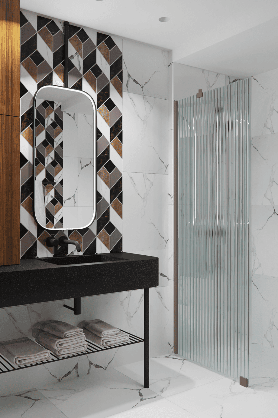 Feste Duschwand Hietakari Forma 301, Rahmen Mocha, Riffelglas (Reeded)