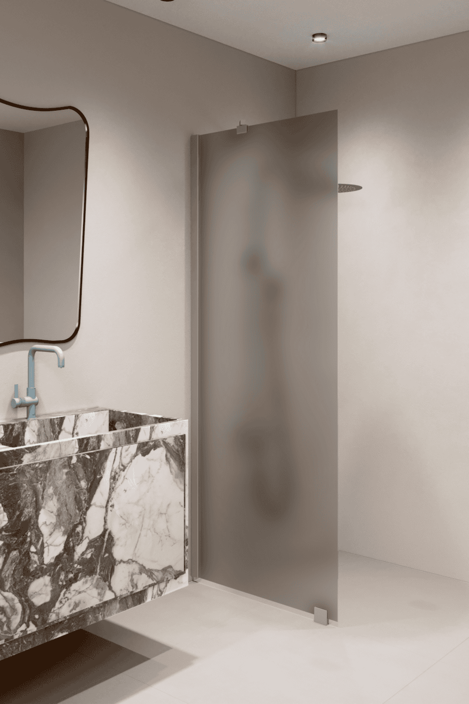 Feste Duschwand Hietakari Forma 301, Rahmen Sand, graues satiniertes Glas