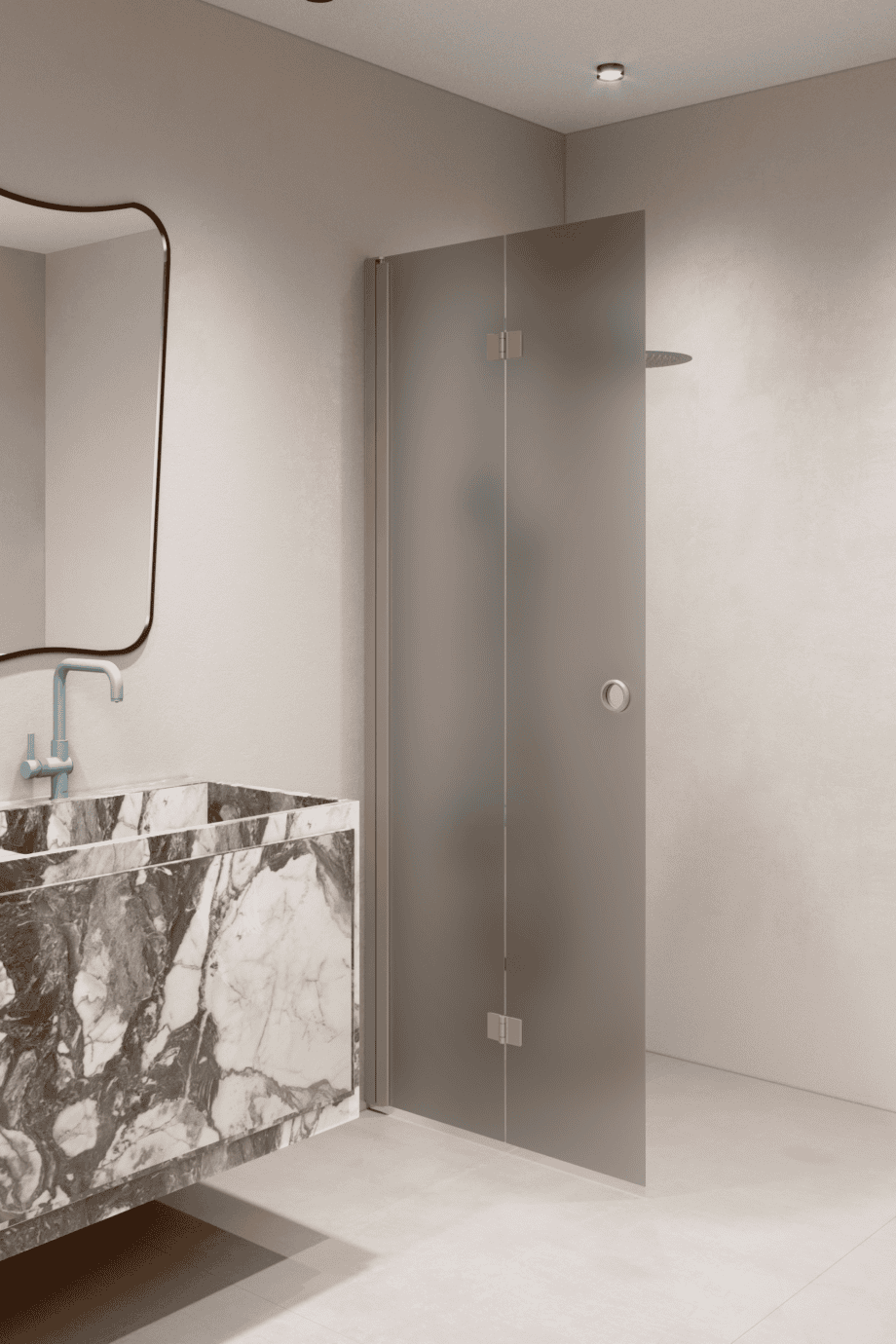 Faltbare Duschwand Hietakari Forma 303, Rahmen Sand, graues satiniertes Glas