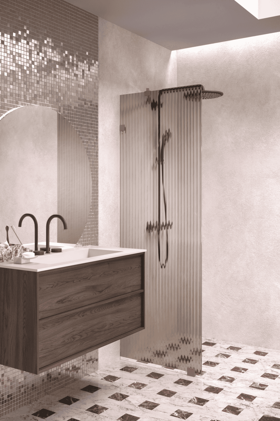 Feste Duschwand Hietakari Vetro 511, Beschläge Mocha, braunes Riffelglas (Reeded) Feste Duschwand Hietakari Vetro 511, Beschläge Mocha, braunes Riffelglas (Reeded)