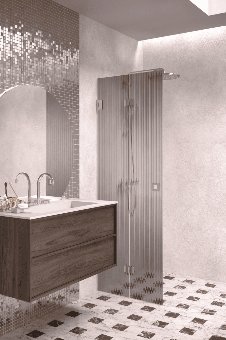 Faltbare Duschwand Hietakari Vetro 513, gebürstete Beschläge, graues Riffelglas (Reeded)