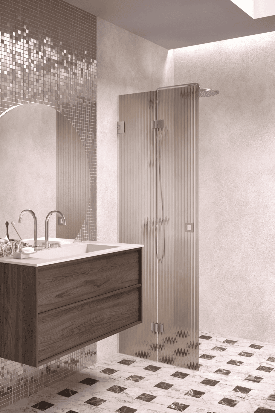 Faltbare Duschwand Hietakari Vetro 513, gebürstete Beschläge, braunes Riffelglas (Reeded)
