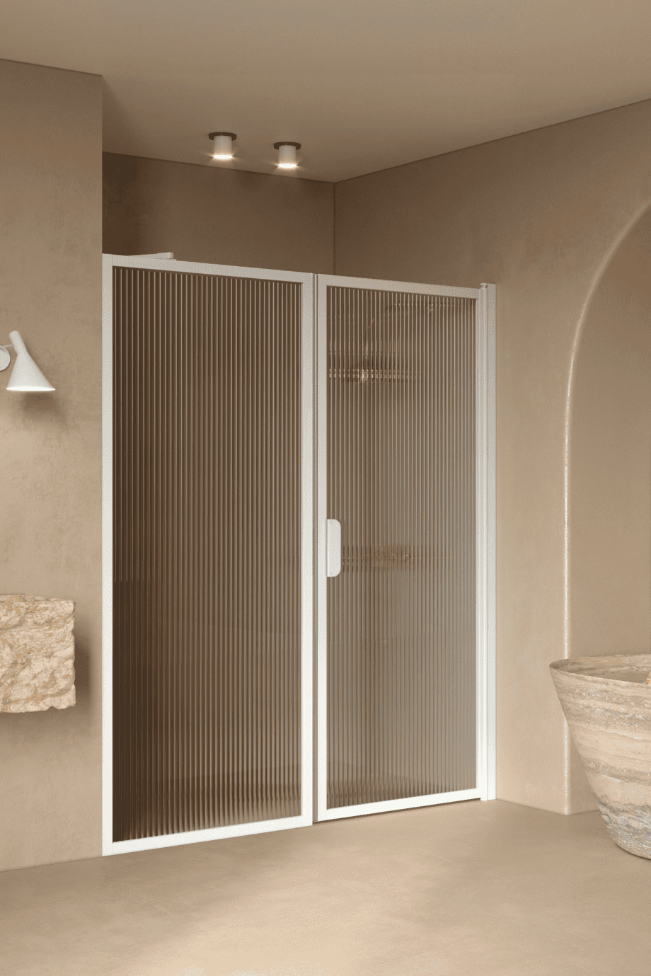 Duschabtrennung für Nische Hietakari Bläk 740 New York, Rahmen Mocha, Riffelglas (Reeded) Duschabtrennung für Nische Hietakari Bläk 740 New York, Rahmen Mocha, Riffelglas (Reeded)