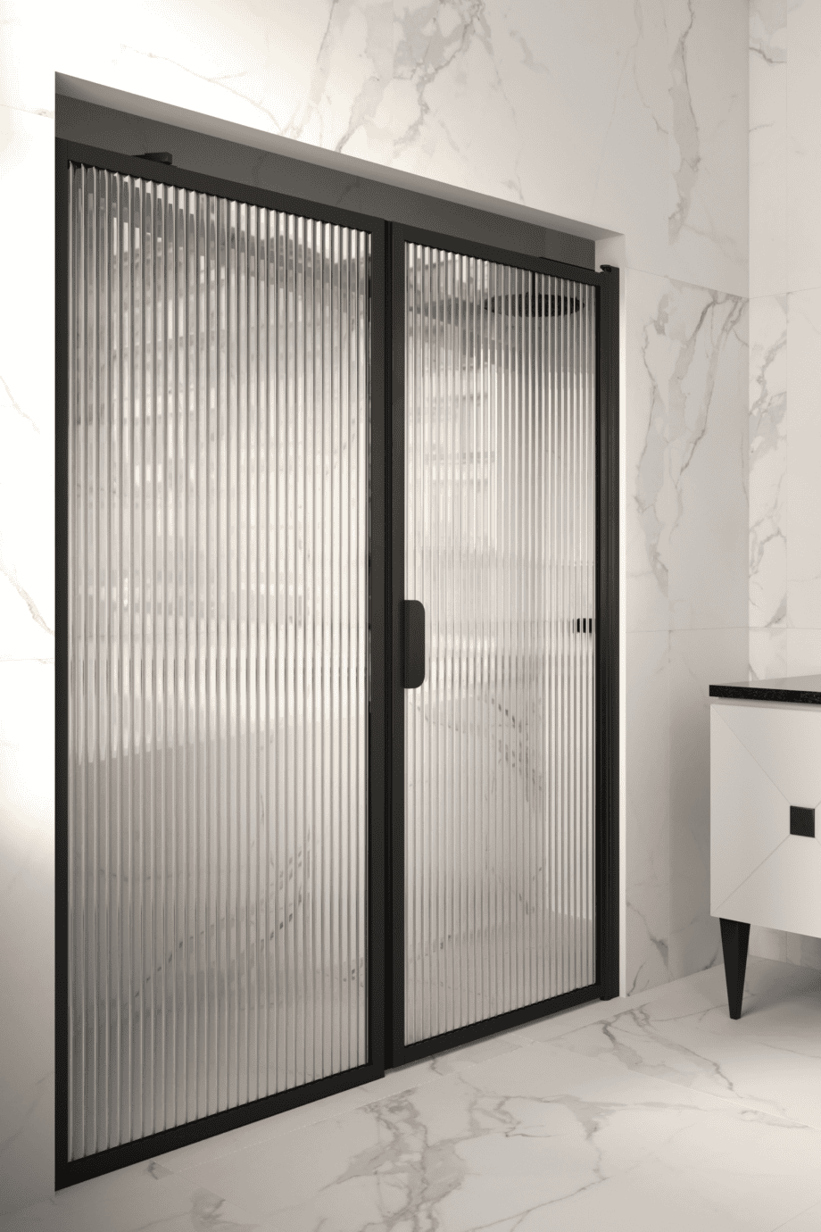 Duschabtrennung für Nische Hietakari Bläk 740 New York, schwarzer Rahmen, Riffelglas (Reeded) Duschabtrennung für Nische Hietakari Bläk 740 New York, schwarzer Rahmen, Riffelglas (Reeded)