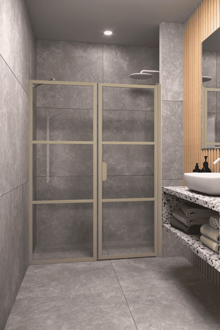 Duschabtrennung für Nische Hietakari Bläk 745 Tokyo, Rahmen Sand, Riffelglas (Reeded) Duschabtrennung für Nische Hietakari Bläk 745 Tokyo, Rahmen Sand, Riffelglas (Reeded)