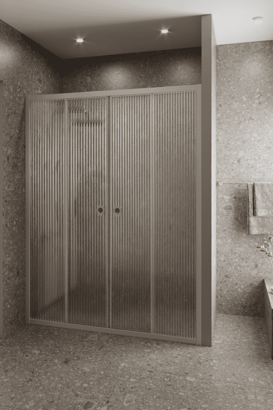Duschabtrennung für Nische Hietakari Forma 464, Rahmen Sand, Riffelglas (Reeded) Duschabtrennung für Nische Hietakari Forma 464, Rahmen Sand, Riffelglas (Reeded)