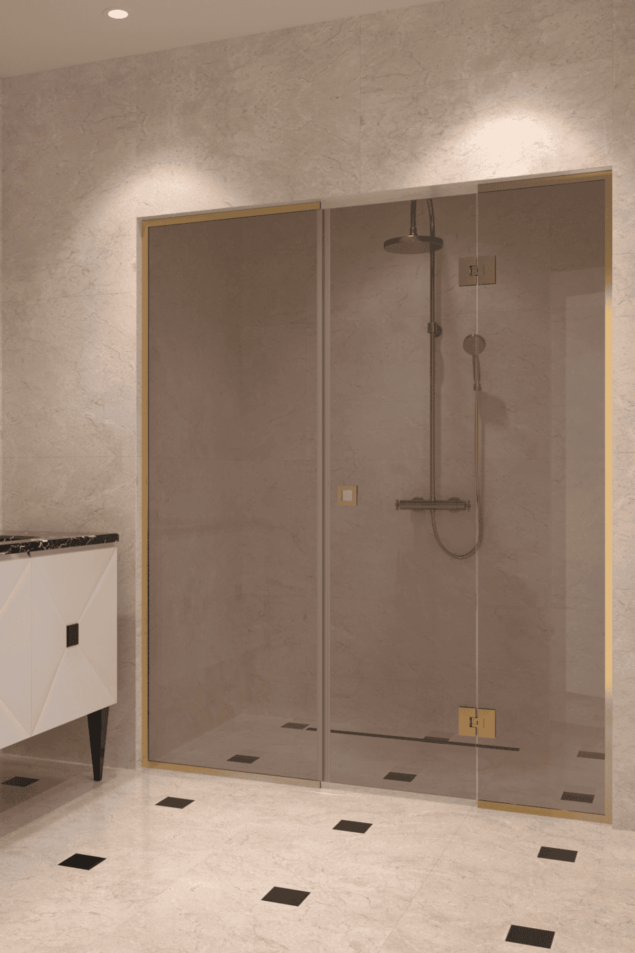 Duschabtrennung für Nische Hietakari Vetro 551, Messingbeschläge, Bronzeglas