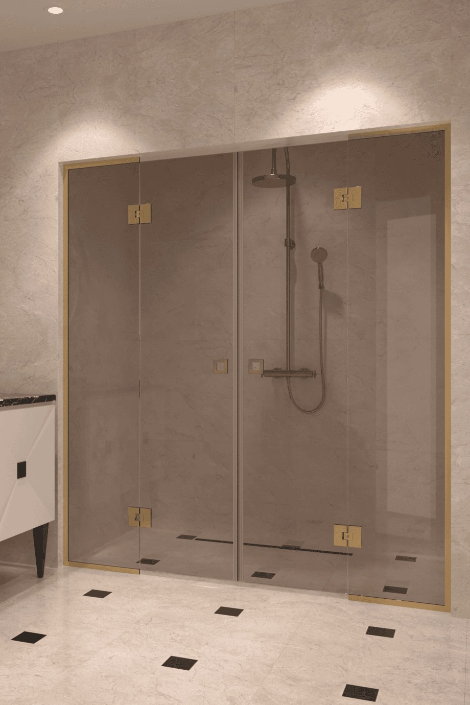 Duschabtrennung für Nische Hietakari Vetro 554, Messingbeschläge, Bronzeglas
