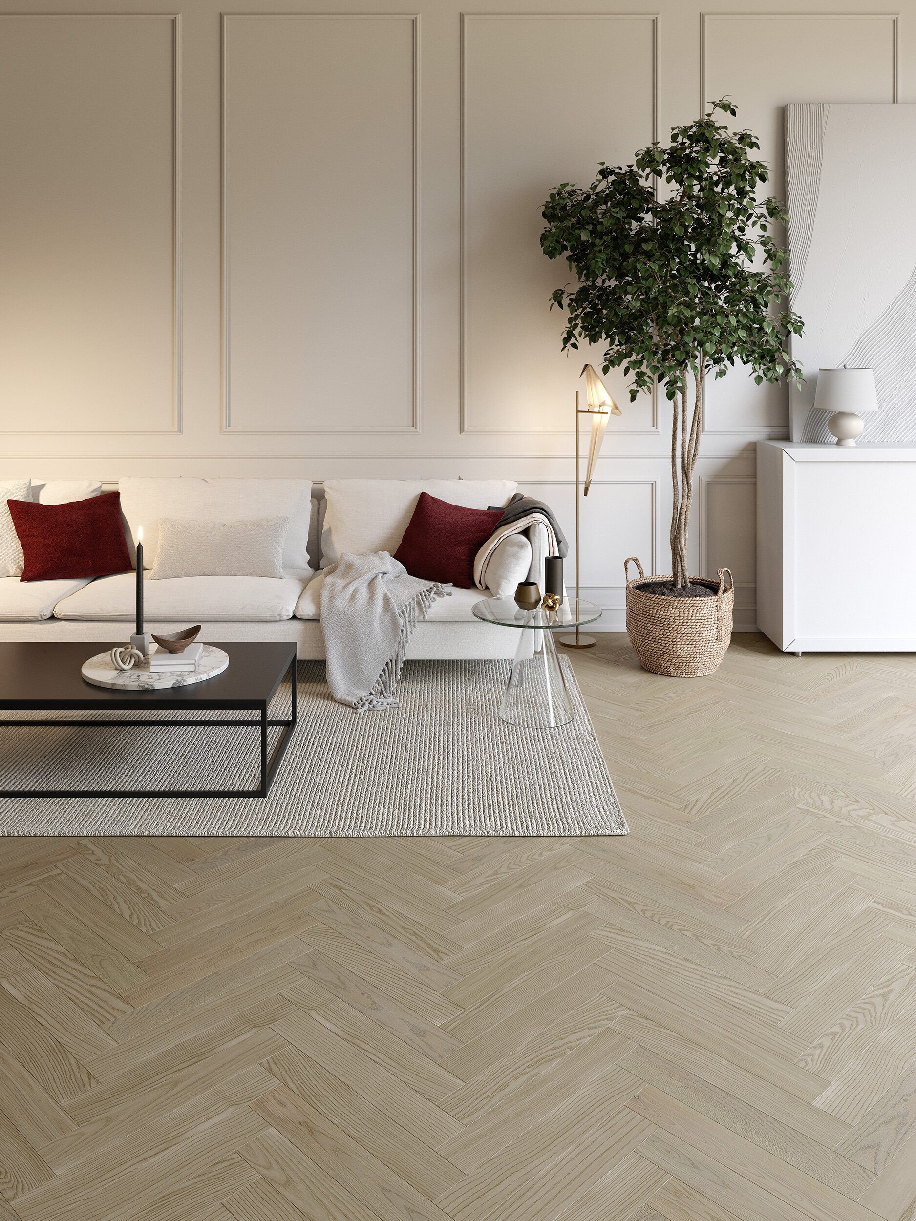 Fischgrätparkett Esche Esta Elegant Sandstone Original 700 mm extramatt lackiert – 3