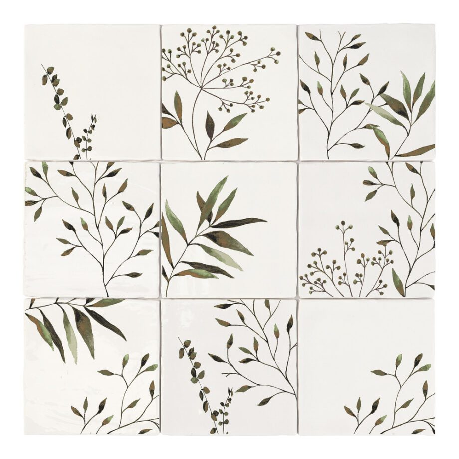 Handbemalte gemusterte Keramik-Wandfliese Dune Tabarca Olivia Verde, 15x15 cm, 9 mm, Grün – 2