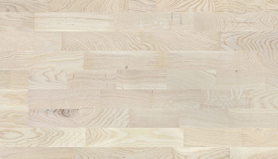Parkett Eiche 3-Stab Esta Promo weiss extramatt lackiert – Nahaufnahme Parkett Eiche 3-Stab Esta Promo weiss extramatt lackiert – 2
