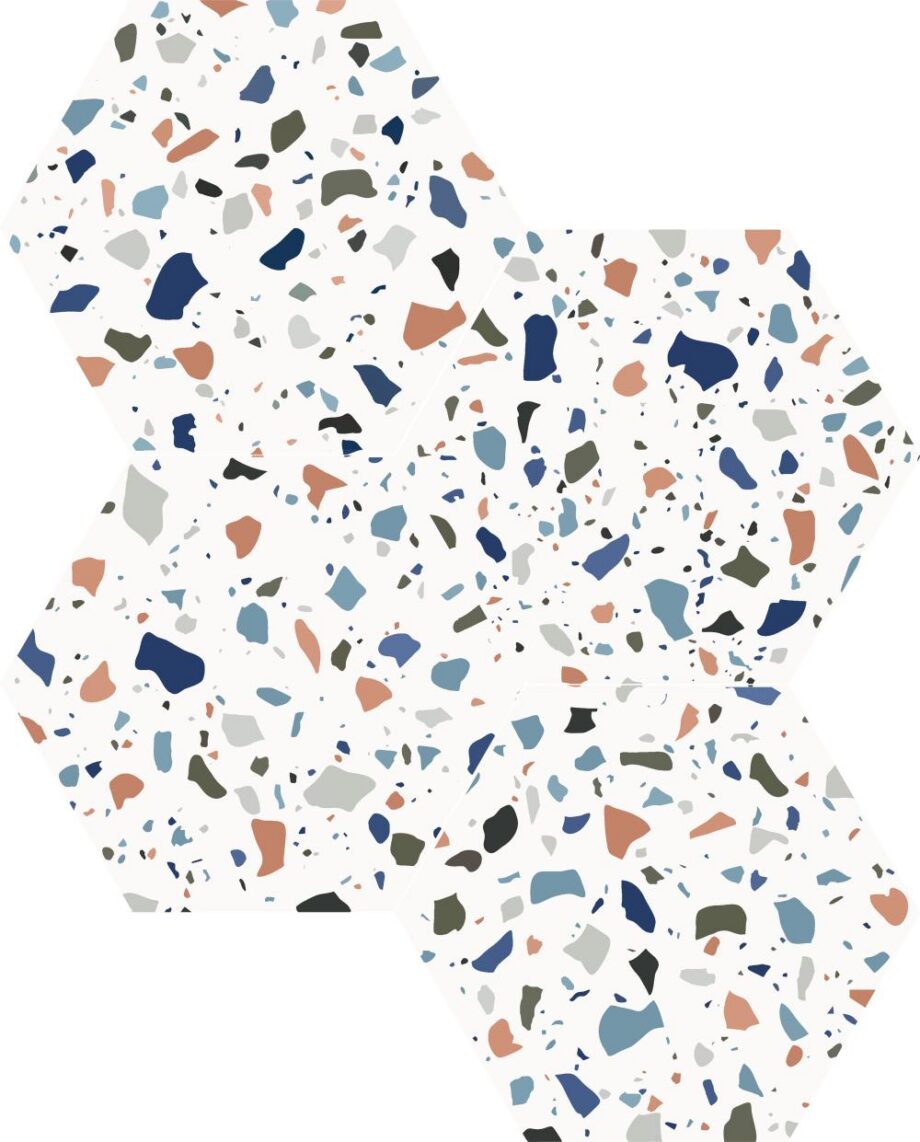 188338-1 Kuusnurkne terrazzo-mustriga portselanplaat Dune Chicago Terrazo, 21,5x25 cm, 9 mm, valge värviliste täppidega, R10