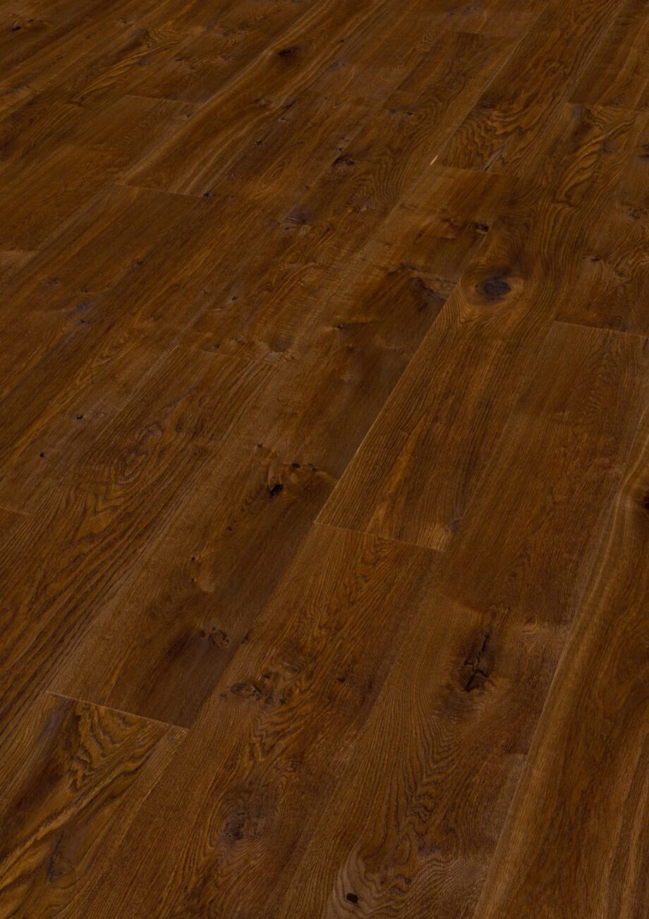 Landhausdiele Thede & Witte Boston XL, Darkbrown, Eiche astig, geräuchert, handgehobelt, geölt, 1-Stab, 2200 x 260 x 15 mm