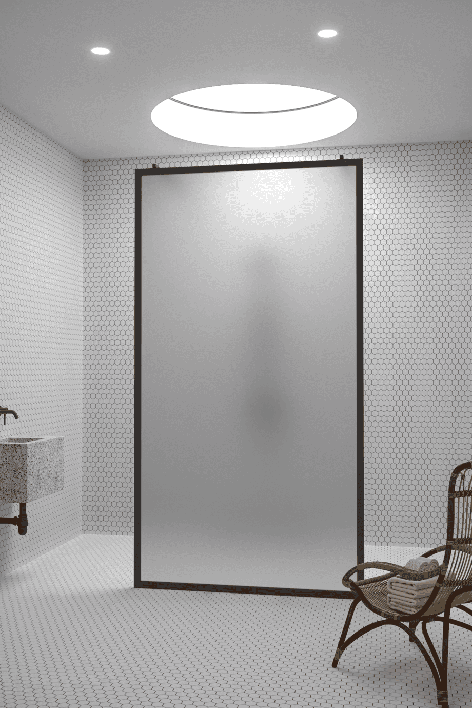 Walk-in-Duschwand Hietakari Bläk 712 New York, weisser Rahmen, satiniertes Glas