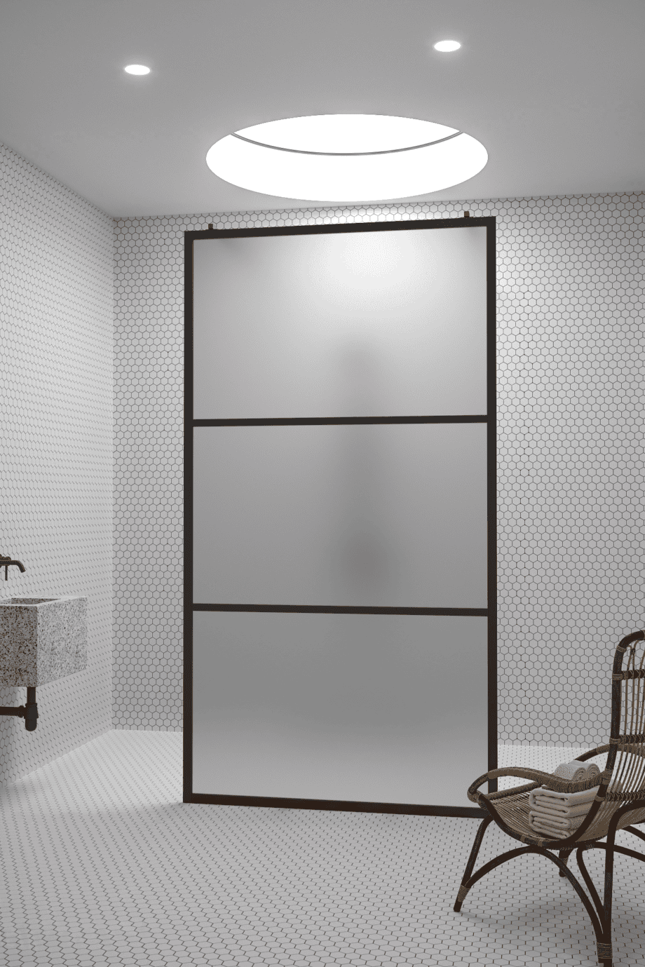 Walk-in-Duschwand Hietakari Bläk 713 Tokyo, weisser Rahmen, satiniertes Glas