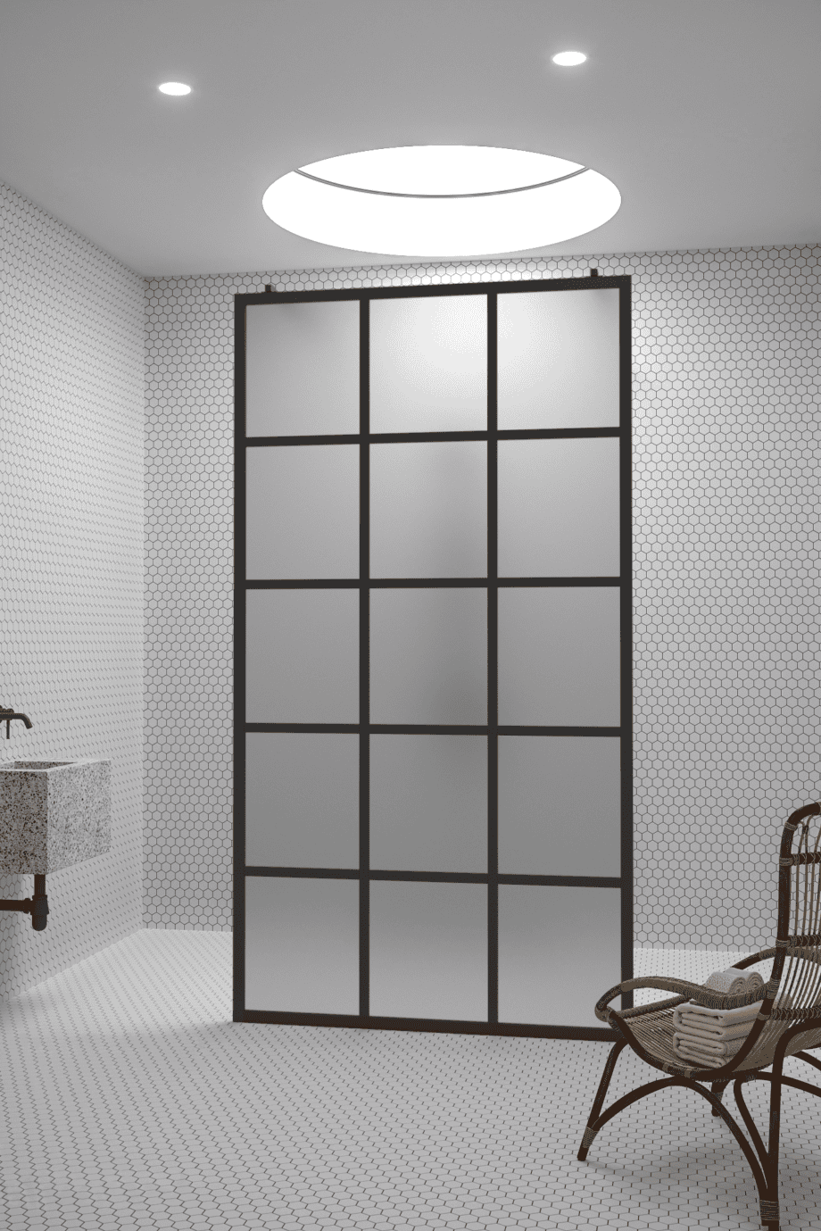Walk-in-Duschwand Hietakari Bläk 714 Paris, schwarzer Rahmen, satiniertes Glas