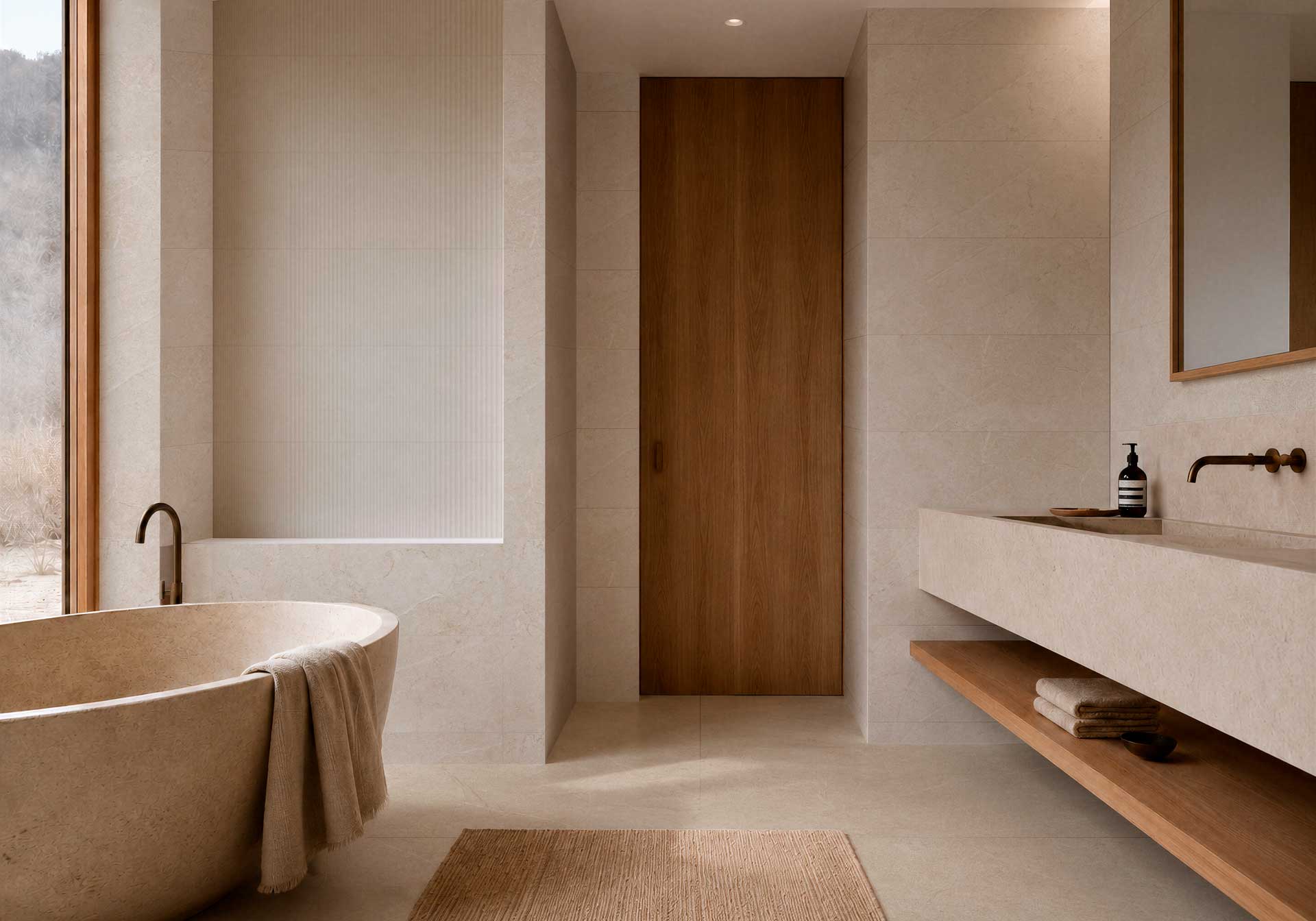 Keramik-Wandfliese in Steinoptik mit Relief Tau Lithos Wall Relief Linen, 30x90 cm, 8,7 mm, Leinenbeige, rektifiziert – 3