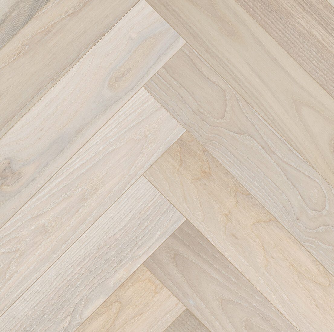 Fischgrätparkett Esche Esta Elegant Frost Ivory Pores 700 mm extramatt lackiert