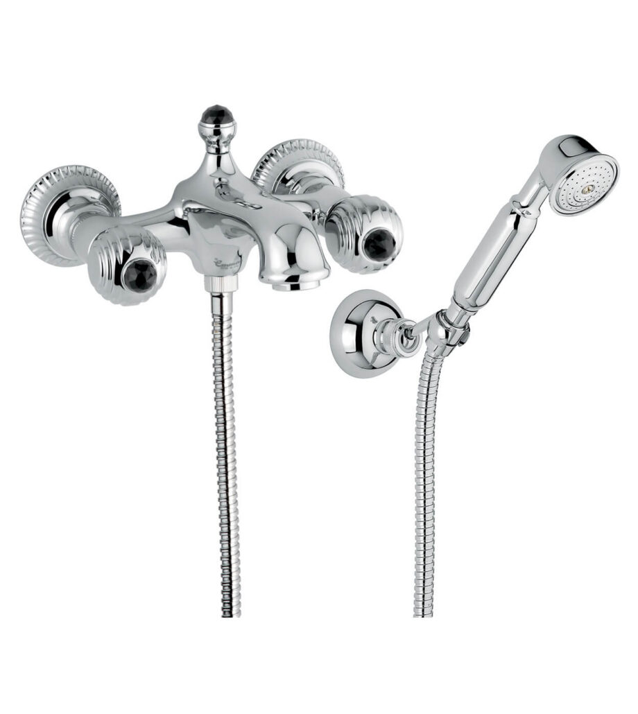 Wand-Wannenarmatur Emmevi The One Cloe 98001, Chrom, Mit schwarzem Kristall, Armatur + Brauseset Wand-Wannenarmatur Emmevi The One Cloe 98001 – 6